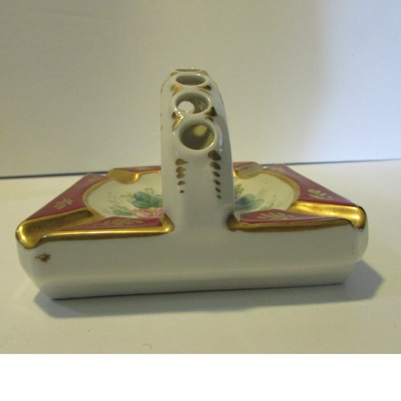 vintage floral ashtray burgundy gold edge handle holds 9 cigarettes France - Picture 5 of 9